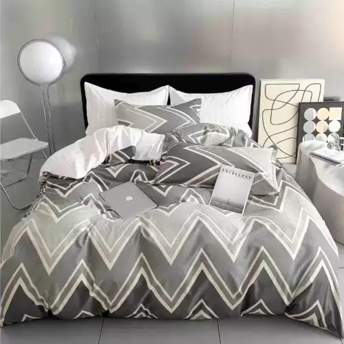 Lenjerie pat 1 PERSOANA,  FINET, 4 piese, Jojo Home, Gri, Zig-Zag