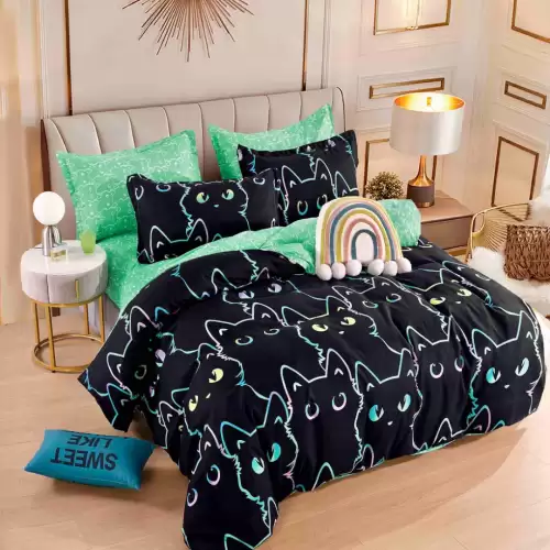 Lenjerie pat 1 PERSOANA,  FINET, 4 piese, Jojo Home, Negru, pisicute