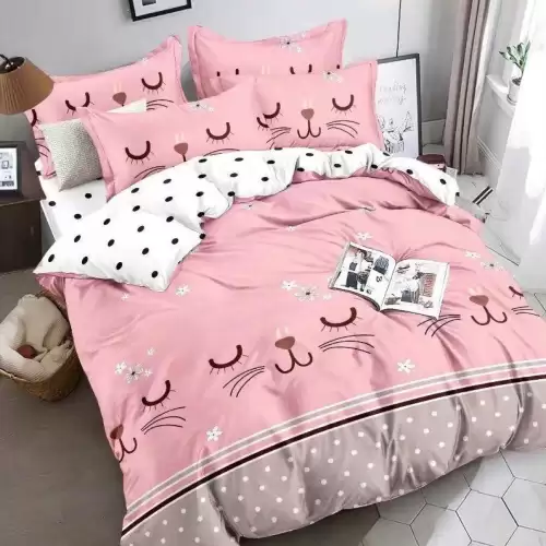 Lenjerie pat 1 PERSOANA, FINET, 4 piese, Jojo Home, Roz-Gri, pisicute