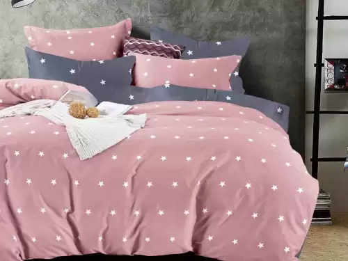 Lenjerie pat 1 PERSOANA,  FINET, 4 piese, Jojo Home, Roz-Gri, stelute