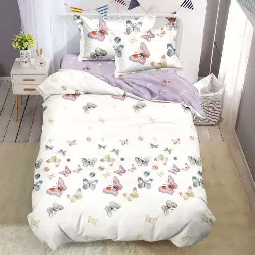 Lenjerie pat 1 PERSOANA, FINET, 4 piese, Lila, fluturasi