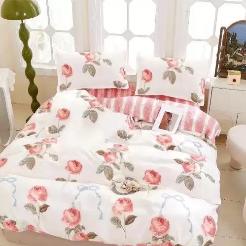 Lenjerie pat 1 PERSOANA, FINET, 4 piese, Roz, trandafiri, fundite