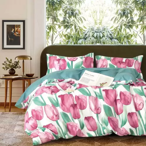 Lenjerie pat 1 PERSOANA, FINET, 4 piese, Verde, lalele