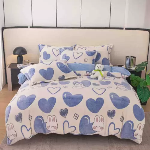 Lenjerie Pat 1 Persoana, Jojo Home, CoCoLiNo (Fleece), 4 piese, Alb, Bleu, Inimioare, Iepurasi