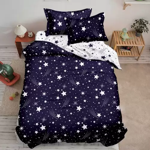 Lenjerie pat 140x200cm, FINET, 4 piese, cu ELASTIC, Alb, Albastru, stelute