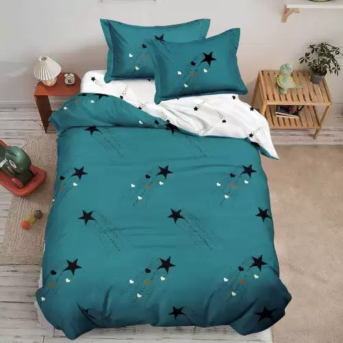 Lenjerie pat 140x200cm,  FINET, 4 piese, cu ELASTIC, Verde, stelute