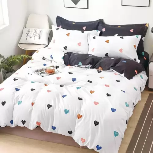 Lenjerie pat dublu (140x200cm, 160x200cm, 180x200cm), bumbac satinat, cearsaf clasic, 4 piese, Alb, inimioare colorate