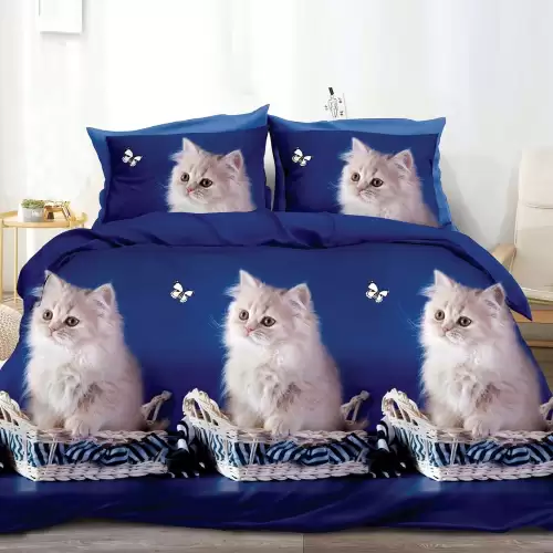 Lenjerie pat dublu (140x200cm, 160x200cm, 180x200cm), cearsaf clasic, imprimeu 3D, Albastru, Pisicute