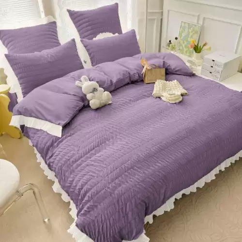 Lenjerie Pat Dublu 6 Piese Bumbac Finet Creponat Uni cu Volanase Elegante