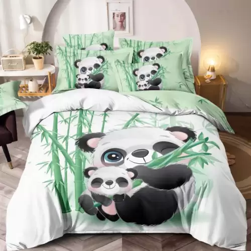 Lenjerie pat dublu BUMBAC FINET Imprimeu Digital - Identic cu poza 6 piese Jojo Home Alb-Multicolor ursuleti panda