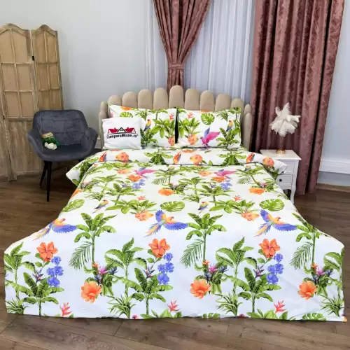 Lenjerie Pat Dublu, Bumbac Ranforce, 4 piese, Atelier Cumparamisim - Lux Suprem, Rafinament Desavarsit, Confort Regal, Alb, Multicolor, tropical