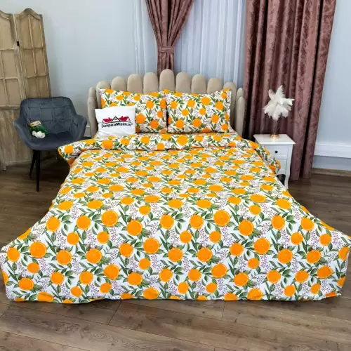 Lenjerie Pat Dublu, Bumbac Ranforce, 4 piese, Atelier Cumparamisim - Lux Suprem, Rafinament Desavarsit, Confort Regal,Alb,Portocaliu, portocale