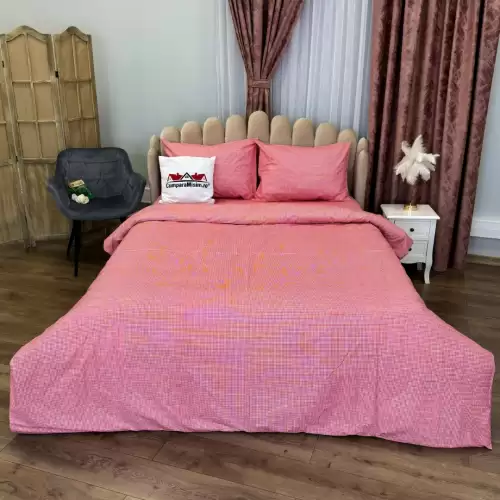 Lenjerie Pat Dublu, Bumbac Ranforce, 4 piese, Atelier Cumparamisim - Lux Suprem, Rafinament Desavarsit, Confort Regal,Roz, patratele