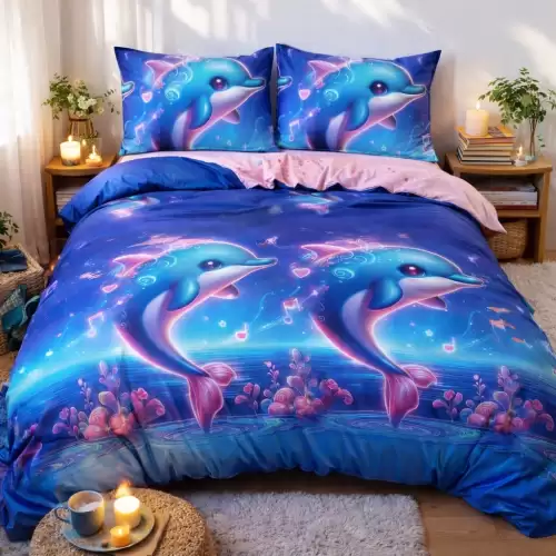 Lenjerie pat dublu, bumbac satinat, cearsaf clasic, 4 piese, Albastru, delfini