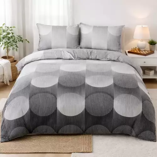 Lenjerie pat dublu, bumbac satinat, cearsaf clasic, 4 piese, Gri, abstract