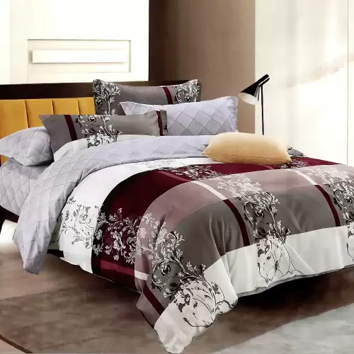 Lenjerie pat dublu, bumbac satinat, cu doua feţe, 4 piese, Alb. Gri, Grena, elegant