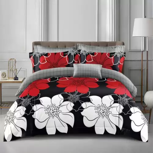 Lenjerie pat dublu cu două feţe 4 piese Bumbac Satinat Superior Negru flori