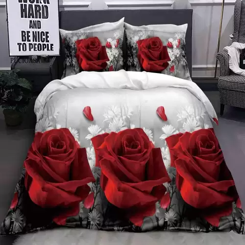 Lenjerie pat dublu cu ELASTIC (160x200cm, 180x200cm), microfibra, imprimeu 3D, Gri, trandafiri