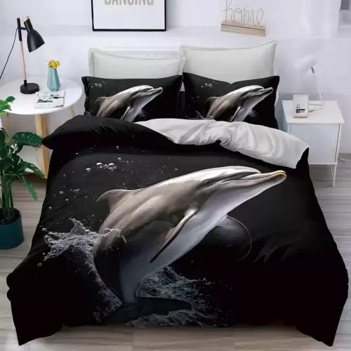 Lenjerie pat dublu cu ELASTIC (160x200cm, 180x200cm), microfibra, imprimeu 3D, Negru, delfini