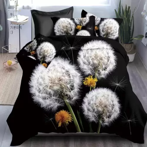 Lenjerie pat dublu cu ELASTIC (160x200cm, 180x200cm), microfibra, imprimeu 3D, Negru, papadii