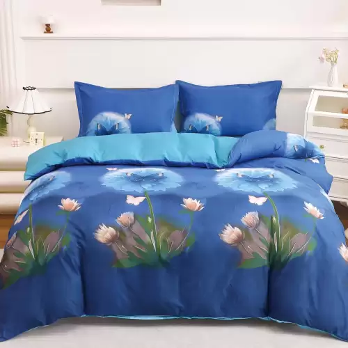 Lenjerie pat dublu cu Elastic (160x200cm si 180x200cm), bumbac satinat, Albastru, flori, fluturi