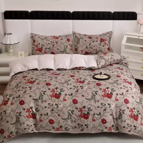 Lenjerie pat dublu cu Elastic (160x200cm si 180x200cm), bumbac satinat, Bej, floricele