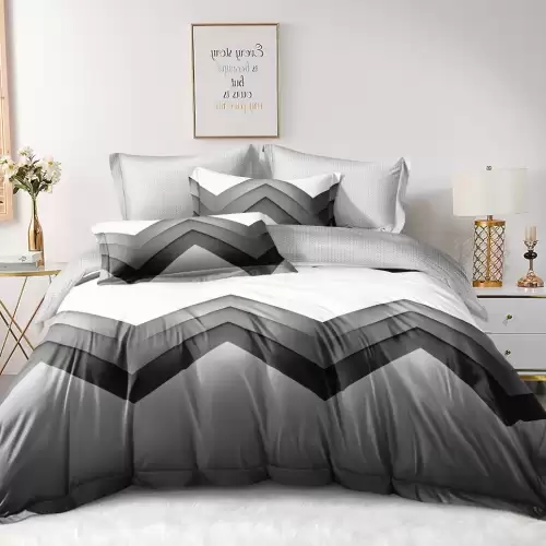 Lenjerie pat dublu cu Elastic (160x200cm si 180x200cm), bumbac satinat, Gri, Alb, Zig-Zag