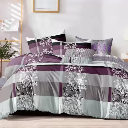 Lenjerie pat dublu cu Elastic (160x200cm si 180x200cm), bumbac satinat, Gri, Mov, Model Clasic