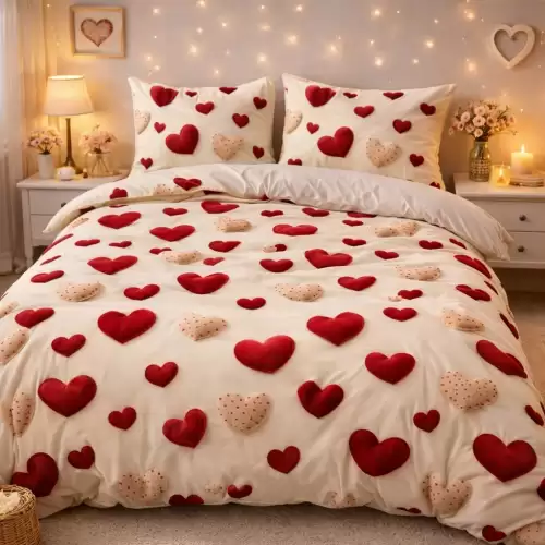 Lenjerie pat dublu cu Elastic, bumbac satinat, Bej, inimioare