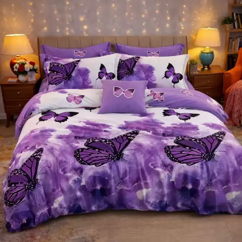 Lenjerie pat dublu cu ELASTIC, Finet, 6 piese, Alb, Mov, fluturi