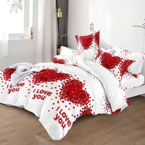 Lenjerie pat dublu cu ELASTIC, Finet, 6 piese, alb, rosu, inimioare