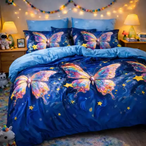 Lenjerie pat dublu cu ELASTIC, Finet, 6 piese, Albastru, fluturi