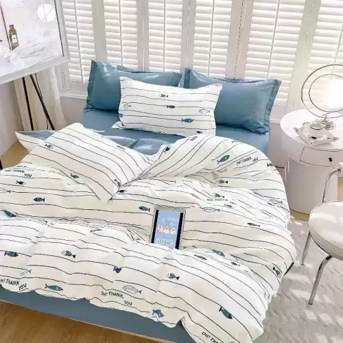 Lenjerie pat dublu cu ELASTIC, Finet, 6 piese, Albastru, pesti