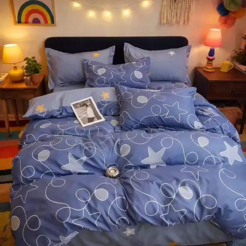Lenjerie pat dublu cu ELASTIC, Finet, 6 piese, Albastru, stelute
