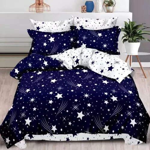 Lenjerie pat dublu cu ELASTIC, Finet, 6 piese, Albastru, stelute