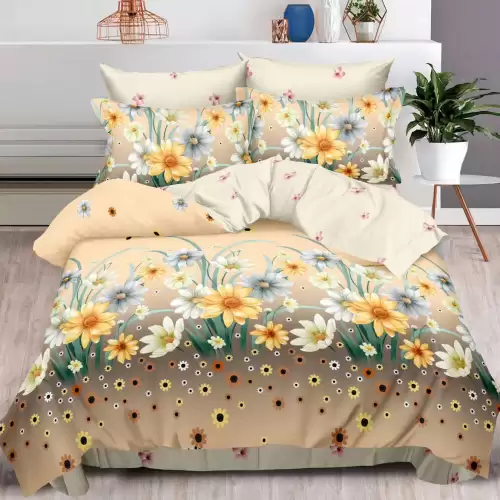 Lenjerie pat dublu cu ELASTIC, Finet, 6 piese, Bej, flori