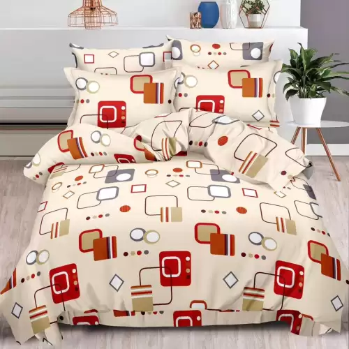 Lenjerie pat dublu cu ELASTIC, Finet, 6 piese, Bej, forme geometrice