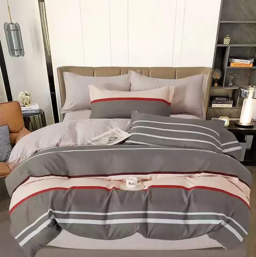Lenjerie pat dublu cu ELASTIC, Finet, 6 piese, Gri, dungi