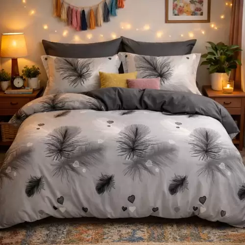 Lenjerie pat dublu cu ELASTIC, Finet, 6 piese, gri, negru, alb, pene