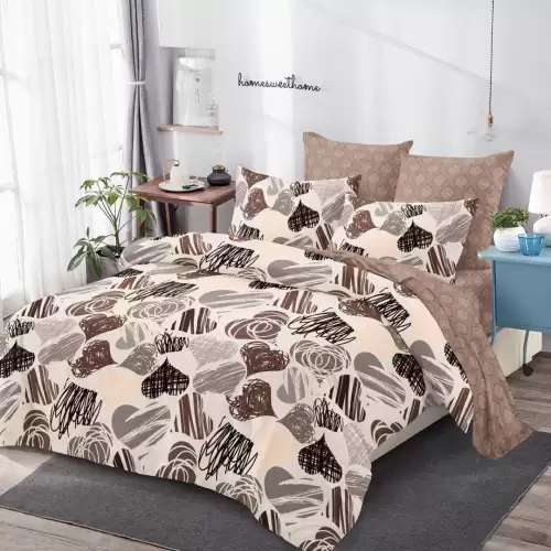 Lenjerie pat dublu cu ELASTIC, Finet, 6 piese, Maro, inimioare