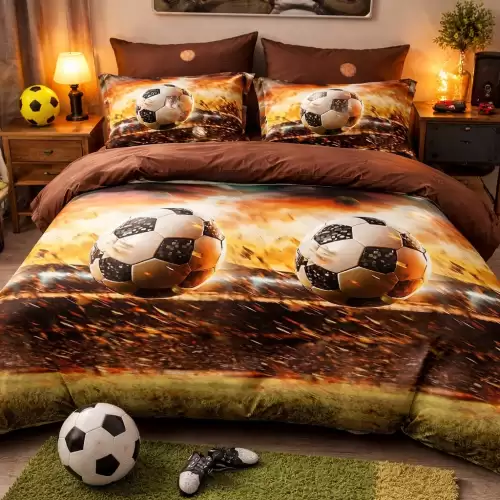 Lenjerie pat dublu cu ELASTIC, Finet, 6 piese, Maro, mingii de fotbal