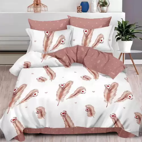 Lenjerie pat dublu cu ELASTIC, Finet, 6 piese, Maro, pene