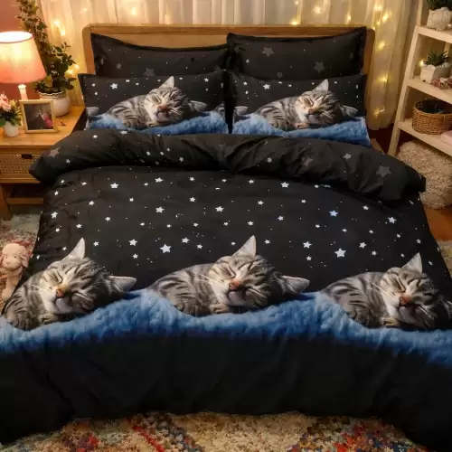 Lenjerie pat dublu cu ELASTIC, Finet, 6 piese, Negru, pisicute