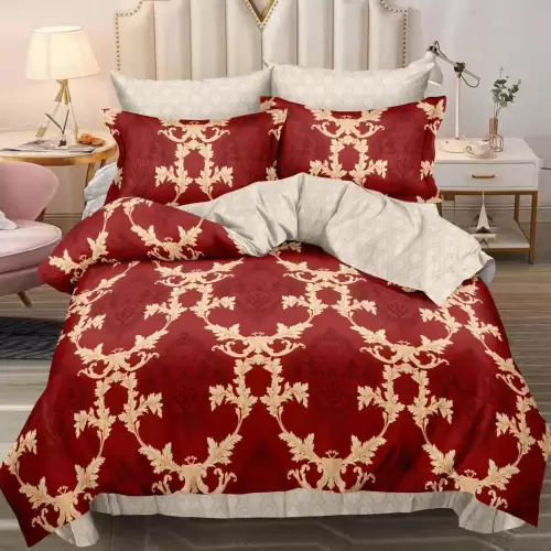 Lenjerie pat dublu cu ELASTIC, Finet, 6 piese, Rosu, model oriental