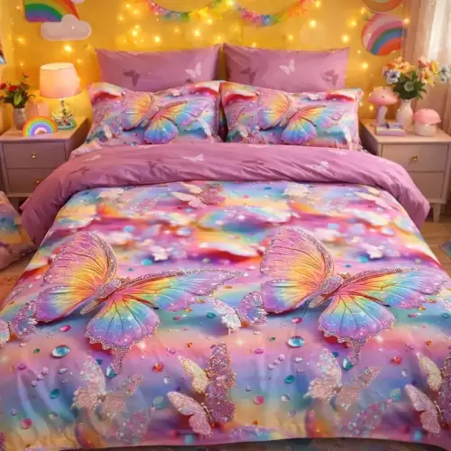 Lenjerie pat dublu cu ELASTIC, Finet, 6 piese, Roz, fluturi