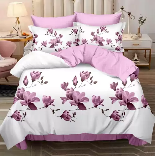 Lenjerie pat dublu cu ELASTIC, Finet, 6 piese, Roz, magnolii