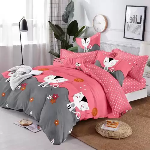 Lenjerie pat dublu cu ELASTIC, Finet, 6 piese, Roz, pisici
