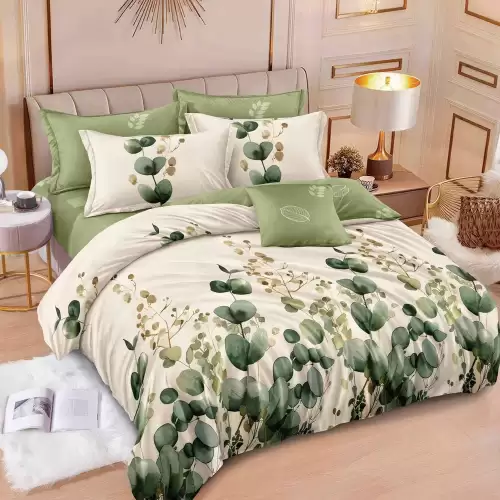 Lenjerie pat dublu cu ELASTIC, Finet, 6 piese, Verde, Crem, flori