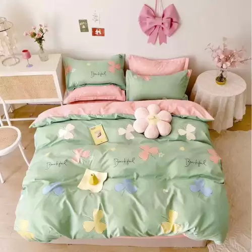 Lenjerie pat dublu cu ELASTIC, Finet, 6 piese, Verde, flori