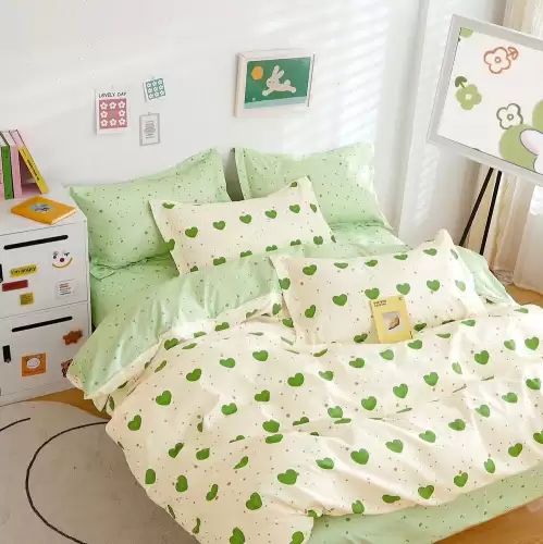 Lenjerie pat dublu cu ELASTIC, Finet, 6 piese, Verde, inimioare, buline